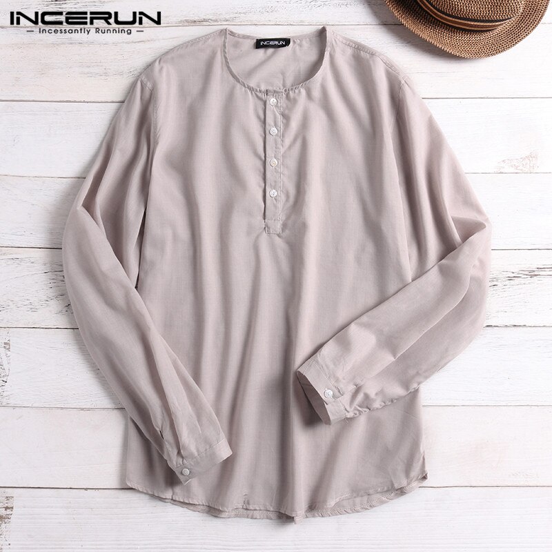 Incerun vintage skjorta herr långärmad retro lös plus size vår herr fritidsskjortor som andas camisa masculina: Beige skjorta / L