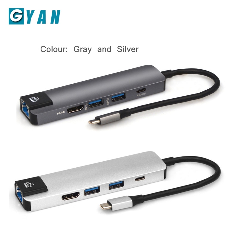 5 in 1 USB C Hub Hdmi 4K USB C Hub naar Gigabit Ethernet Rj45 Lan Adapter voor Mac boek Pro Thunderbolt 3 Type c Docking station