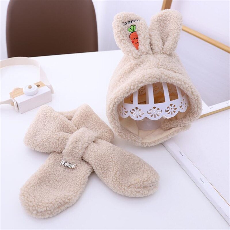 Kindermuts met konijnenoren, kindermutsen, muts en sjaal, meisjesset met katoenen oorbeschermers, kartonnen muts, winterwarm, 1-5t roze: Beige muts sjaal