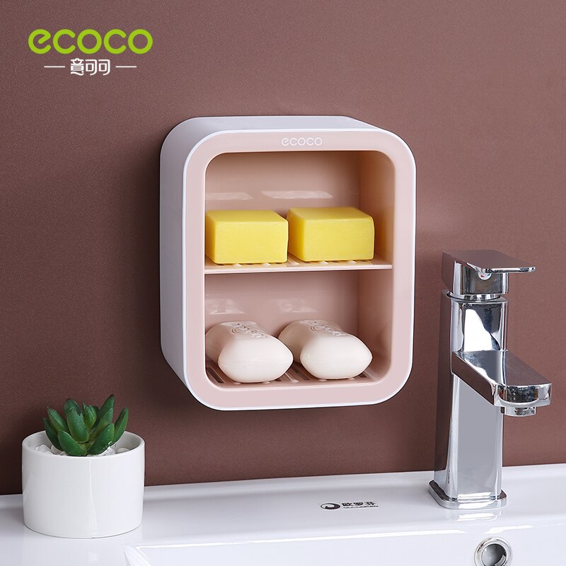 ECOCO Double Drawer Wall Mounted Soap Dish Box Bathroom Shower Soap Holder Tray Storage Rack Shelf Bathroom Accessories: Double Pink