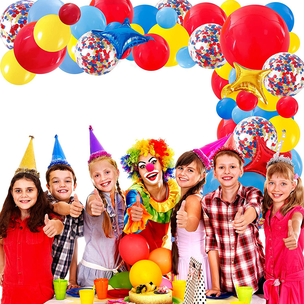 Guirlande de ballons de cirque de carnaval en arc, Kit de confettis rouge bleu jaune, jouet en feuille d'étoile, décoration de fête d'anniversaire arc-en-ciel