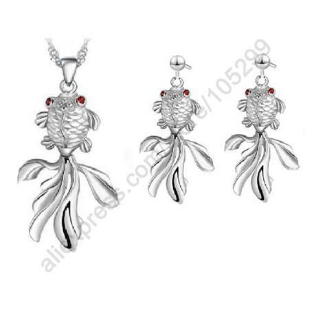 Factory Price Jewelry Set 18" 925 Sterling Silver Jewelry Fish Pendant Necklace Stud Earring Woman With Singapore Chain