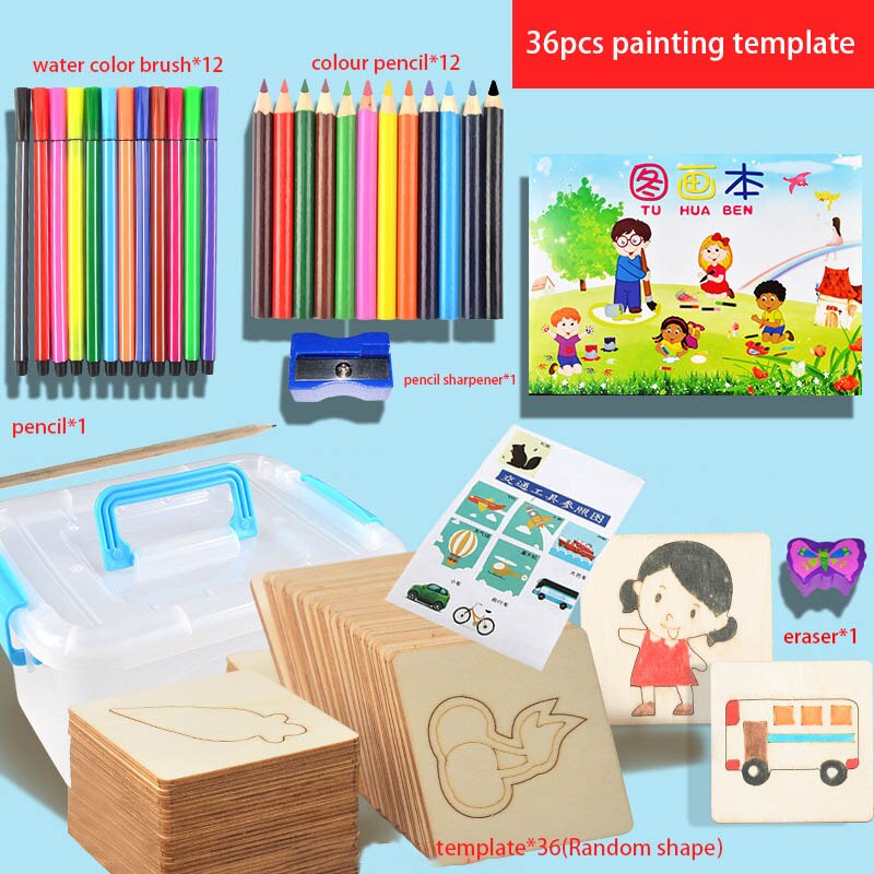 60Pcs Board School Paint Tools Educational Coloring Book Paint Learning Coloring Board Drawing Noard Wooden Drawing toy: 36Pcs Set
