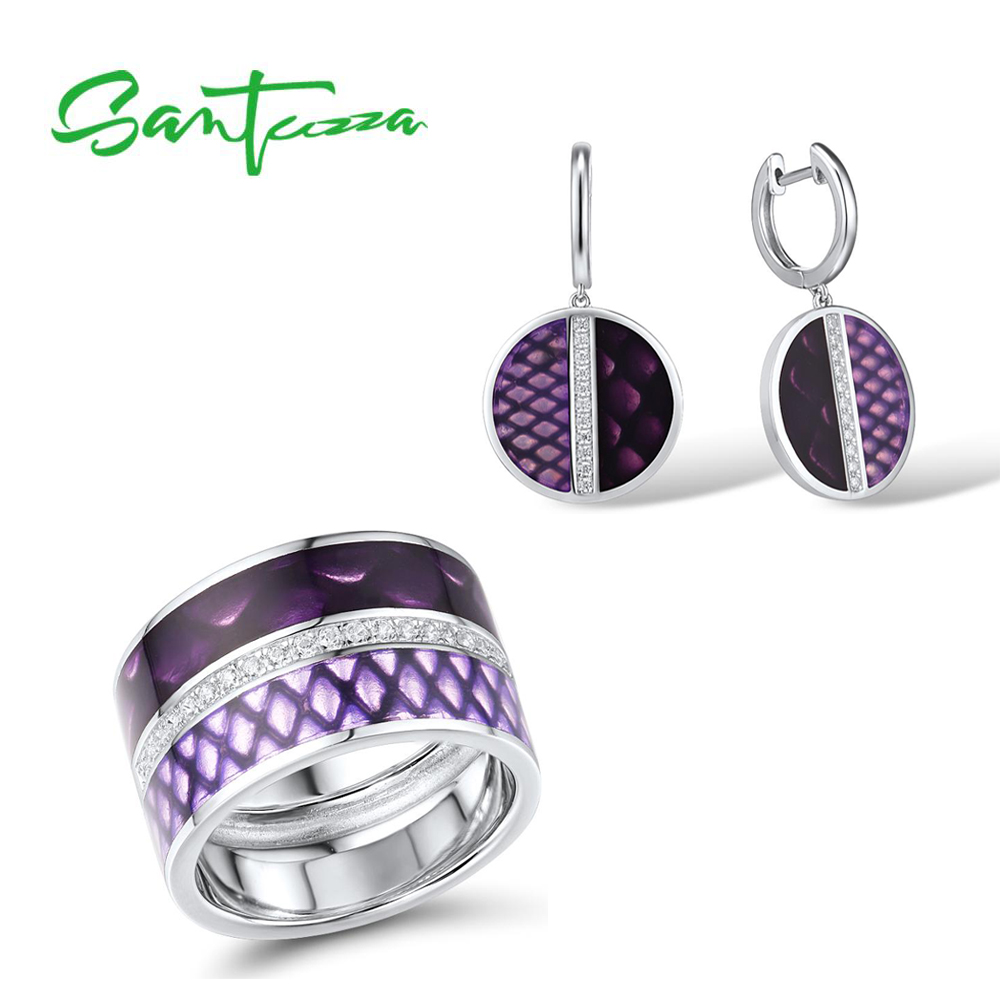 SANTUZZA argent ensemble de bijoux pour les femmes 925 en argent Sterling Chic violet cercle boucles d'oreilles goutte ensemble de bagues Fine bijoux à la main émail
