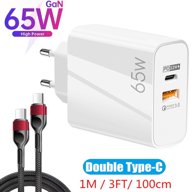 65W Gan Charger Dual Poorten Qc 3.0 Pd 3.0 Quick Charge Snel Opladen Voor Iphone 12 Pro Samsung Type C Pd Usb Mobiele Telefoon Oplader: EU Charger cable