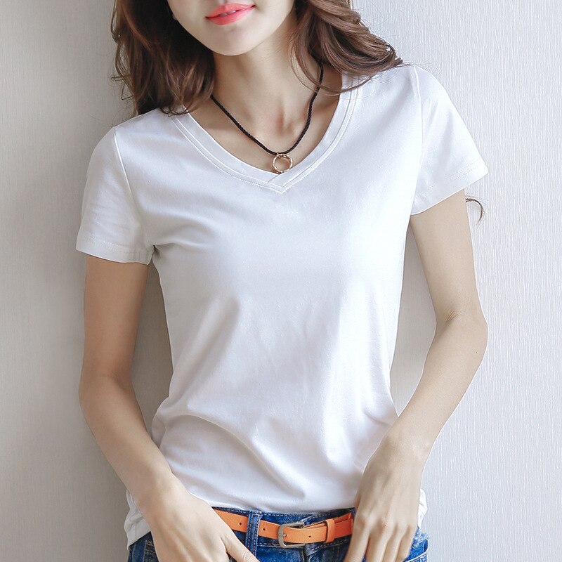 Vrouwen Wit Korte Mouw T-shirt Basic Dieptepunt Shirt Sping Zomer Solid Black Tees Slim Vrouwen Kleding Goedkope