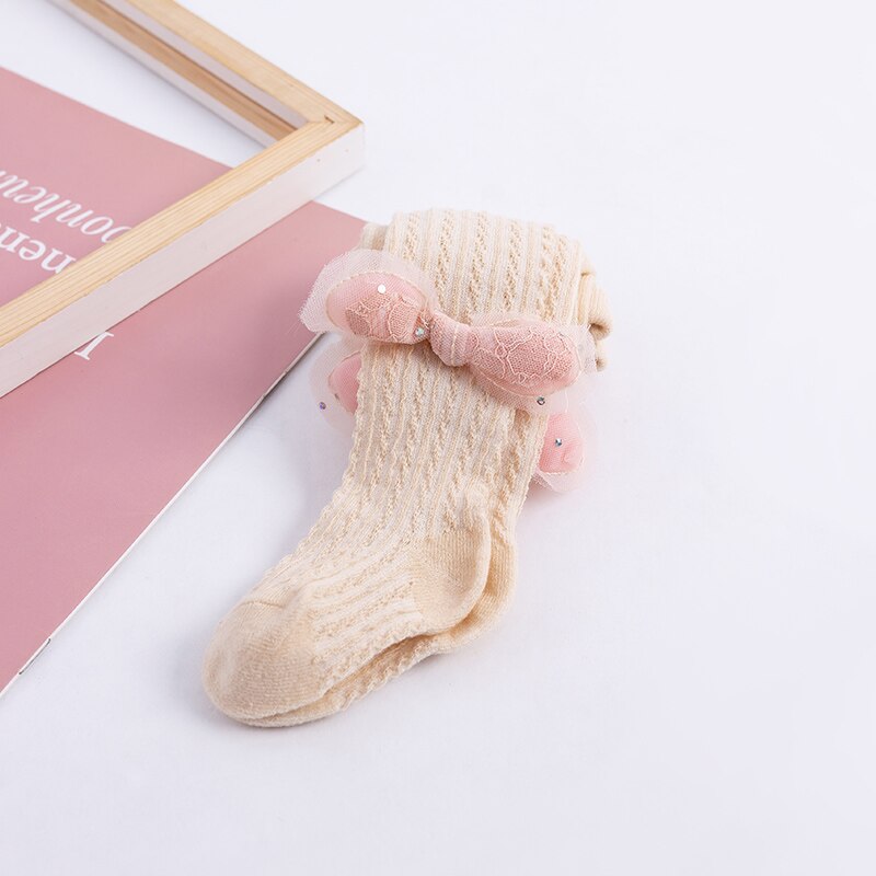 Collants princesse pour enfants, maille d'été, mignons, rose, nœud papillon, pour bébés filles, anti-moustiques, creux, anti-arrachage, à rayures pour nourrissons: Beige / M