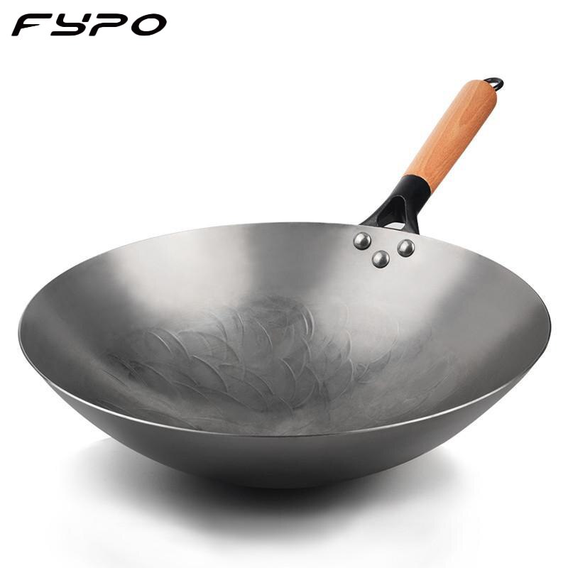 Fypo Iron Wok Nonstick Wok Kitchen Cooking Pot Traditional Handmade Wok Detachable Wooden Handle Gas Cookware Kitchen Utensils
