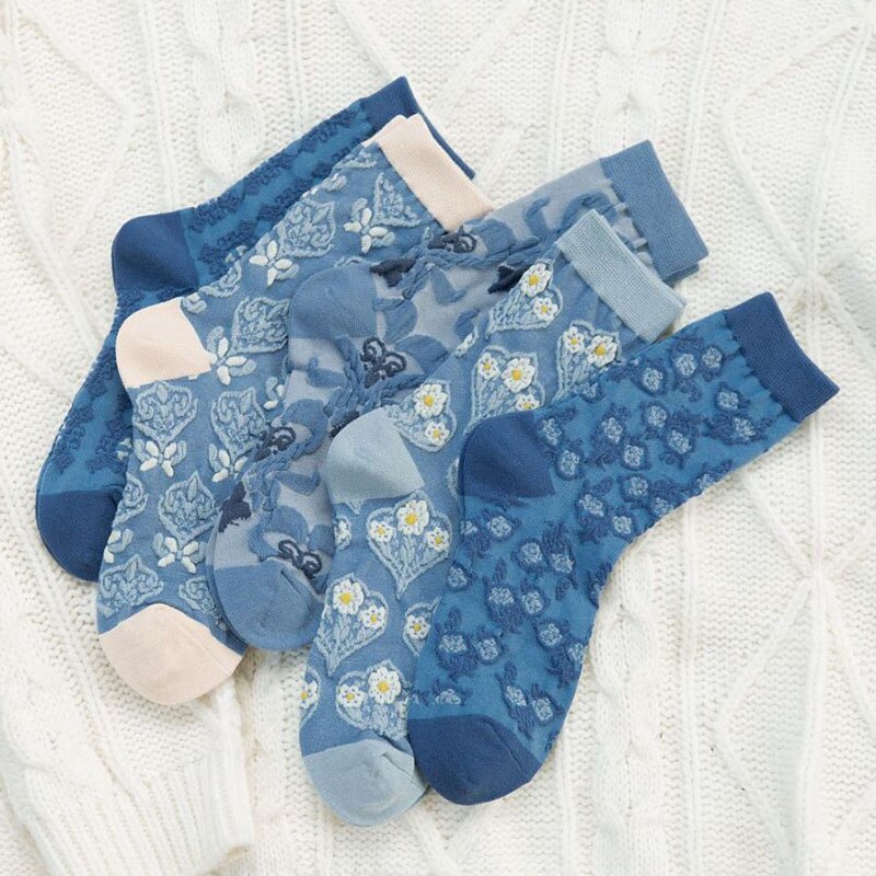 5 Pairs Vrouwen Sokken Set Herfst Winter Bloemen Printing Katoen Harajuku Blauwe Accessoires Geometrie Hartvormige Femme Sokken Kawai