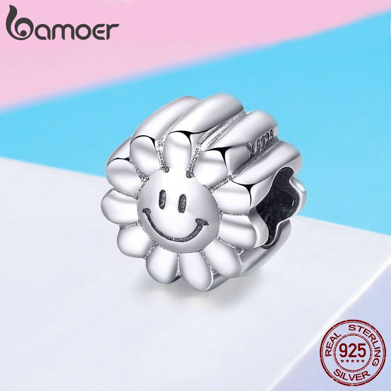 Bamoer autêntico 925 prata esterlina sorriso girassol ensolarado rosto encantos contas caber pulseiras originais diy jóias fazendo scc901
