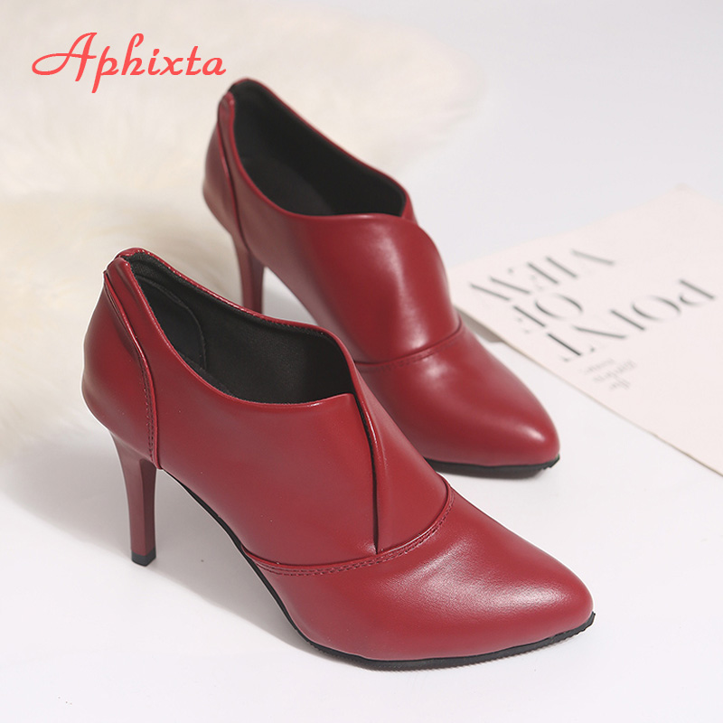 Aphixta 9cm stilettklackar stövlar kvinnor höstskor kvinna chelsea ankelboots spetsiga skor superhögklackade botas mujer: Vin, röd / 9