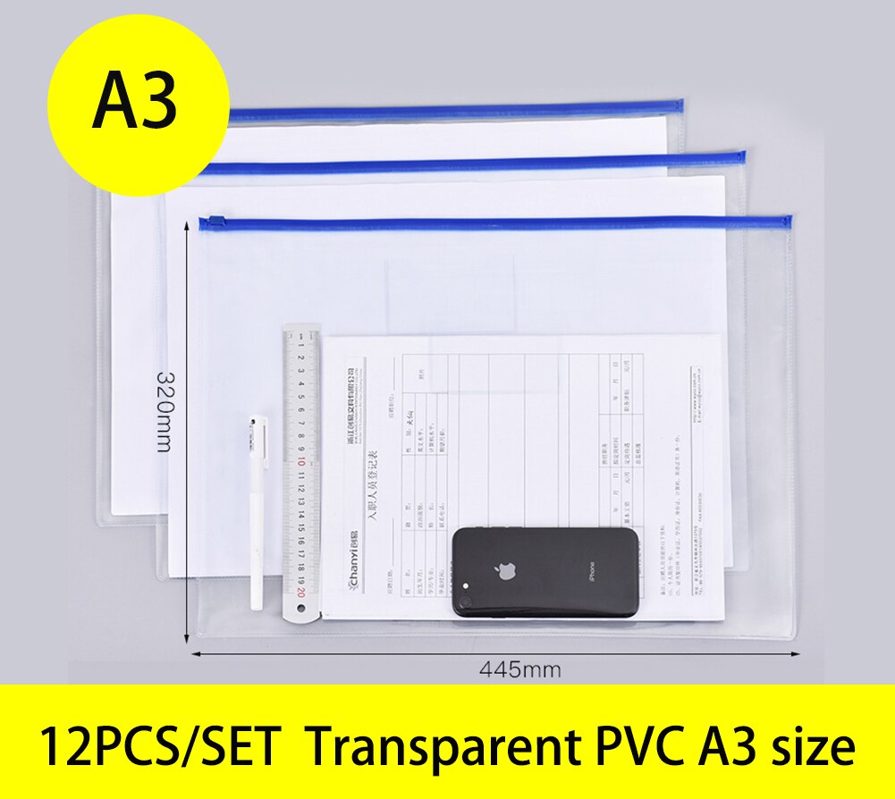 12pcs/set A4 file folder storage bag transparent plastic A5 document bag A3 office file bag school supplies paper bag folder: A3 PVC zipper bag