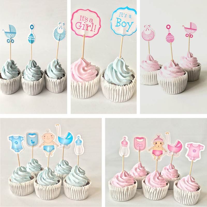 20 stks/set Baby Douche Cupcake Toppers Jongen Meisje Doop Blauw Verjaardagsfeestje Decoraties Kids Feestelijke Gebeurtenis Feestartikelen