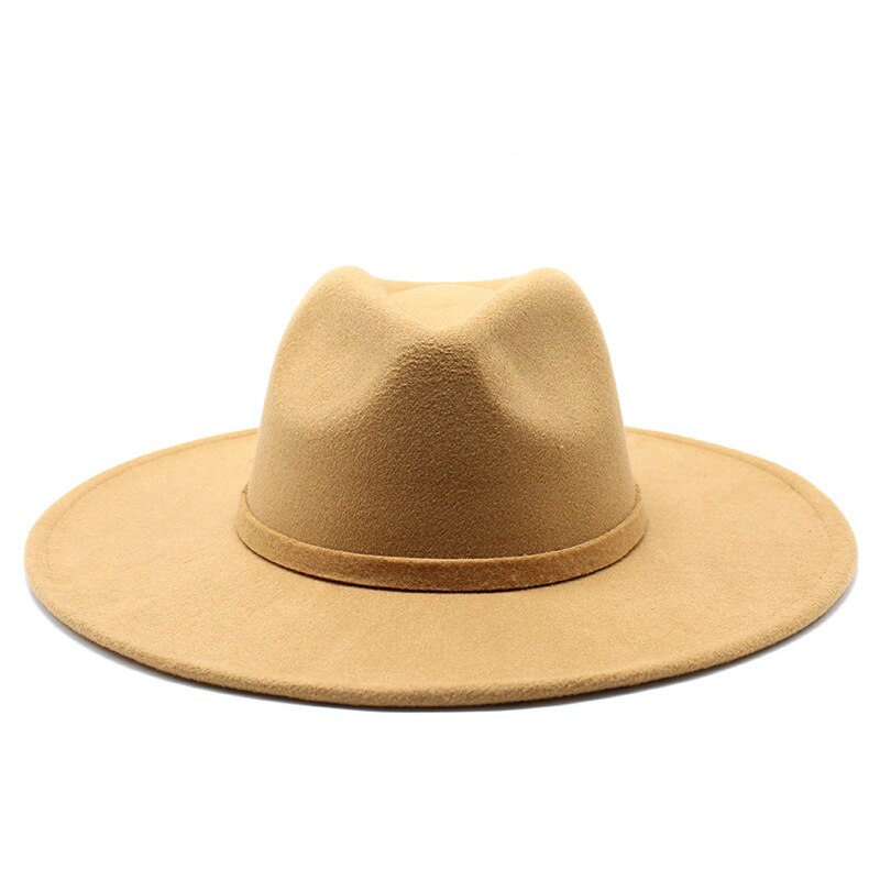 9.5CM Women Men Big Wide Brim Wool Fedora Hat British Style Winter Gentleman Lady Jazz Church Hats: Khaki