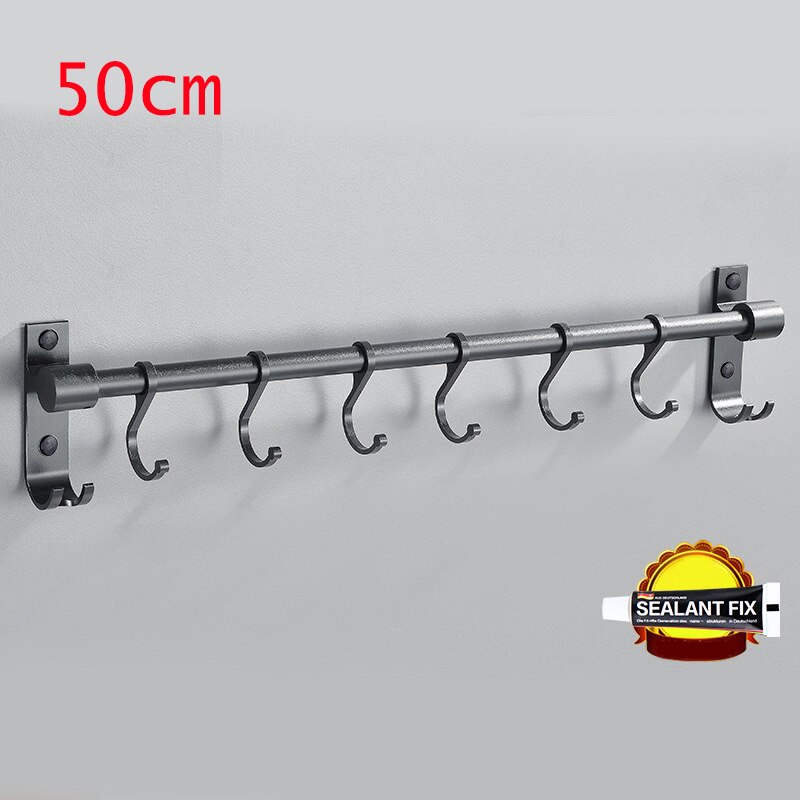 Kitchen Utensil Hook Rack Aluminum Wall Mounted Pantry Tool Holder Black Bathroom Sundry Hook Hanging Rod Shelf Organizer: 50cm