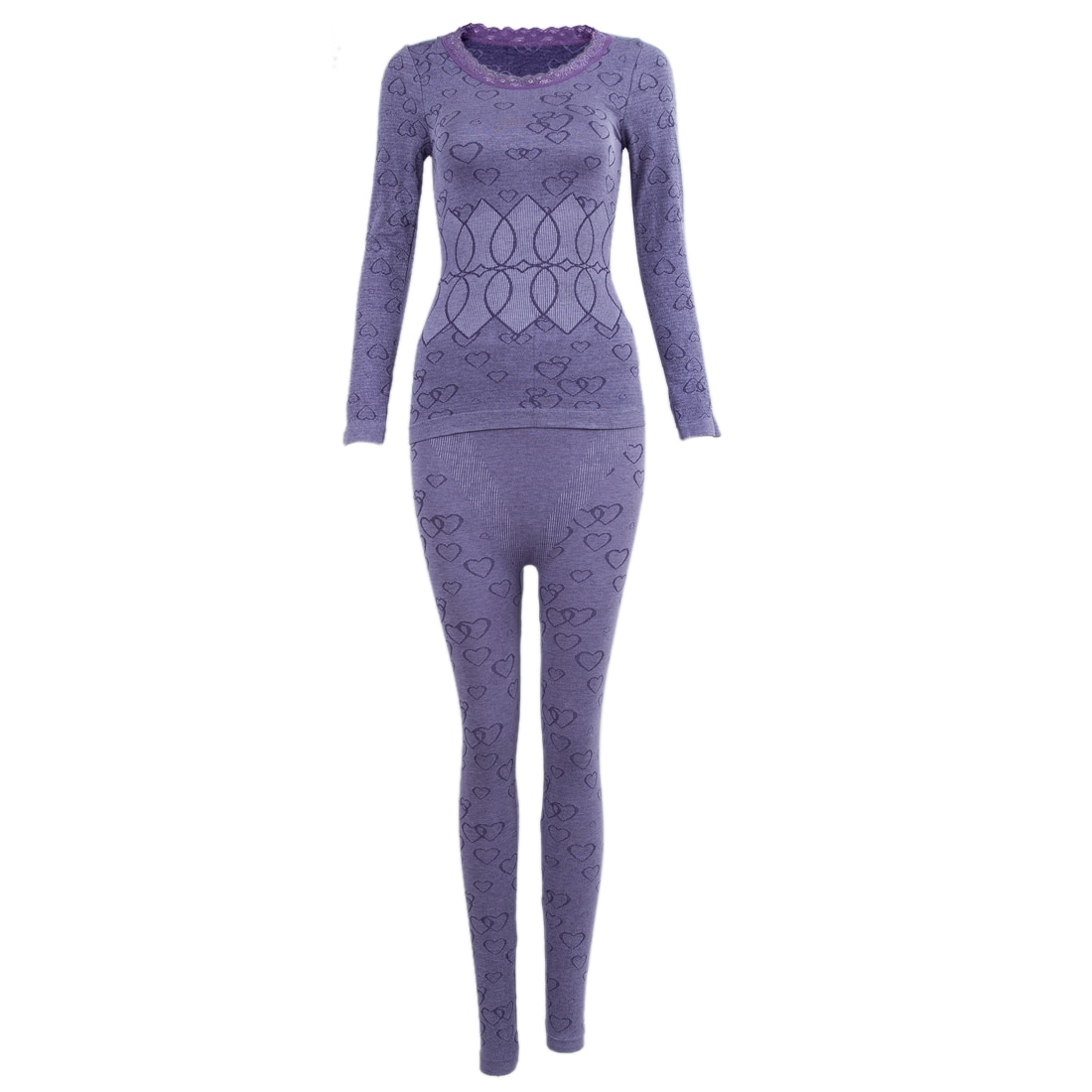 Women Round Neck Thermal Set Winter Tops&Pants Long Johns Pajama Sets Purple