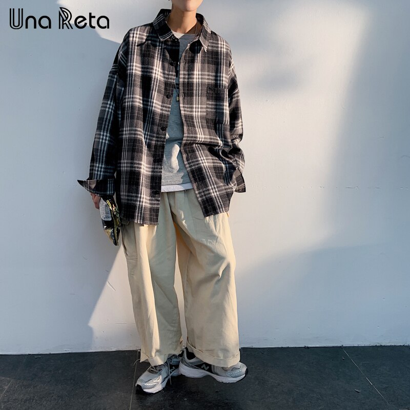 Una Reta Men Shirts Spring Hip hop Black gray grid Shirt Men Clothing Long Sleeve Plus Size Harajuku Casual Shirts Man