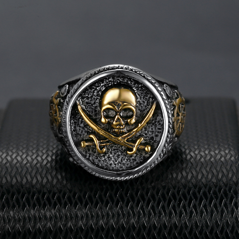 Vintage Men's Pirate Signet Double Knife Skull Ring Golden/Silver Color Stainless Steel Compass Goth Punk Ring