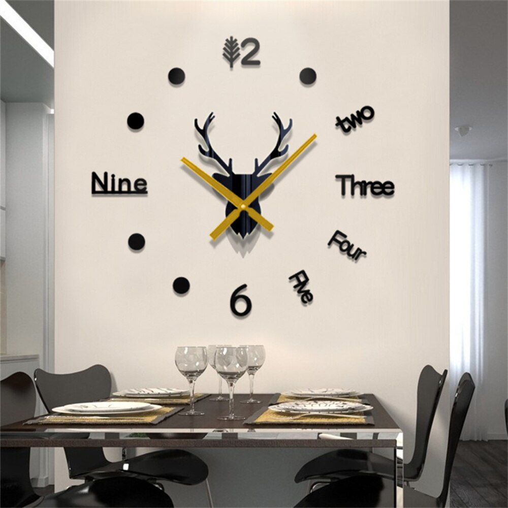 3D Acrylic Digital Deer Wall Clock Roman Numerals Large Round Wall Clock DIY Self Adhesive Living Room Clocks Stickers: Mirror Black / M