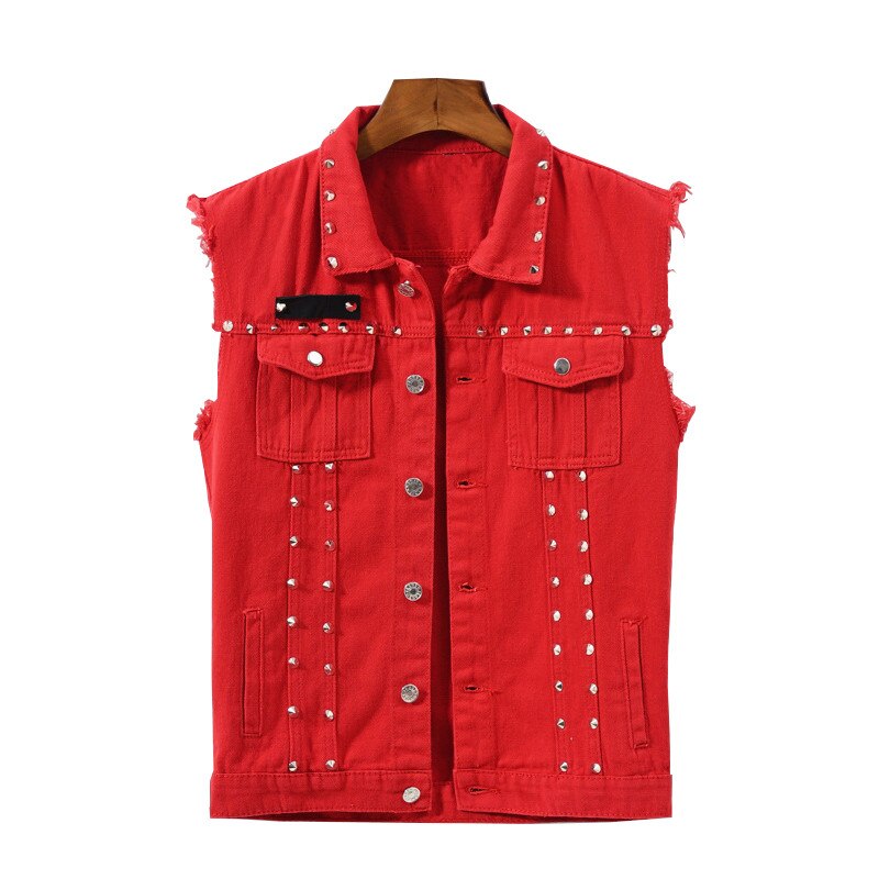 SHIFUREN homme gilet en jean Style Punk Rock Rivet Cowboy rouge jean gilet simple boutonnage homme moto veste sans manches: 2XL