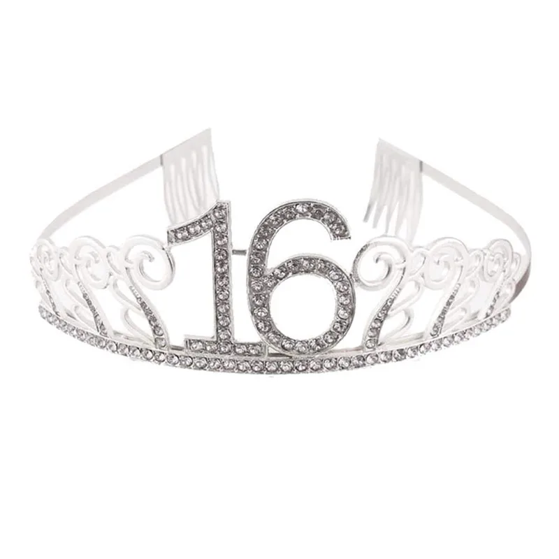 Sweet 16 Birthday Party Tiara Crown Headband Satin Sash for Girl 16th Birthday Princess Party Decoration Cake Topper Favor