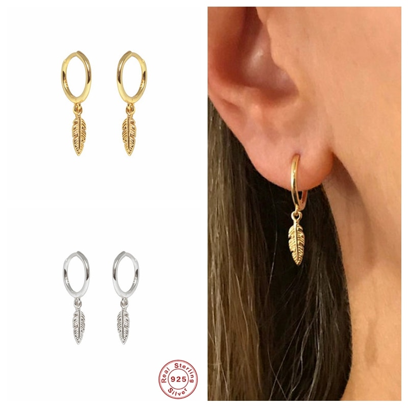 Aide 925 Sterling Zilver Goud Hoepel Oorbellen Voor Vrouwen Meisjes Luxe Veer Hanger Kleine Cirkel Oorbel Partij Fine Jewelry