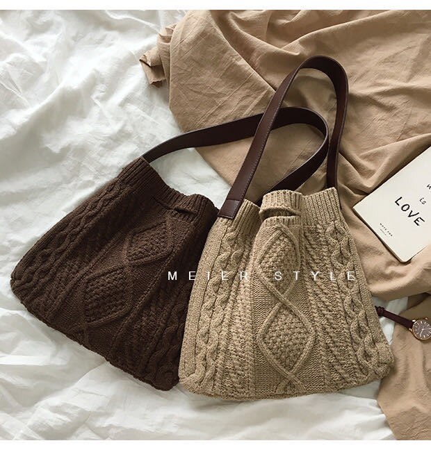 Qiaoduo kobiece wełniane dzianiny warkocz w kratkę torebka nastolatek szydełka moda zimowa szyk retro duża pojemność torba na ramię