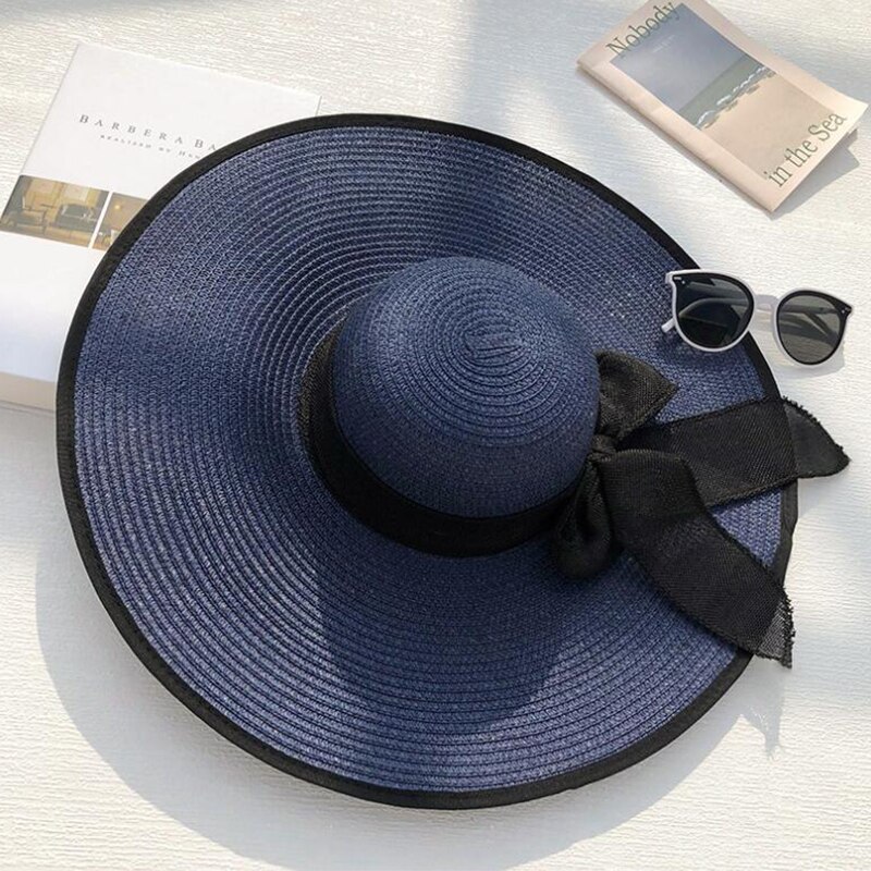 Zomer Panama Hoed Grote Rand Strooien Hoed Floppy Wide Brim Zon Hoeden Strik Strand Opvouwbare Hoeden Caps Voor Vrouwen Chapeu feminino: Navy Blue