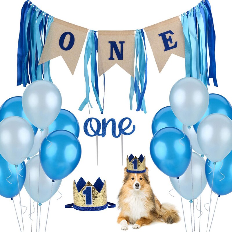 Dog first birthday party burlap banner cake topper pet hat crown for puppy dog birthday decorations: suit1