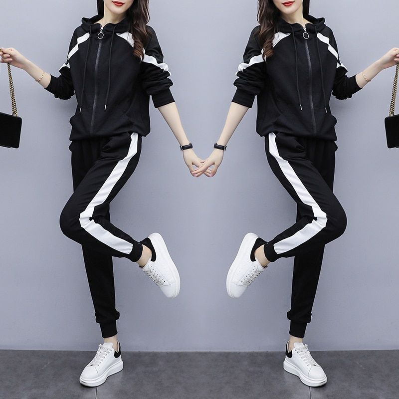 Plus size XL-5XL two piece set women Black Zipper coat top +Pants sports suit White stripe female tracksuit 2 piece outfits