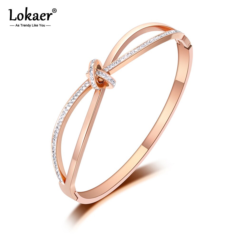 Lokaer-pulsera de boda de acero inoxidable, brazalete con nudo de Cruz de cristal de CZ, joyería de oro rosa, B19094