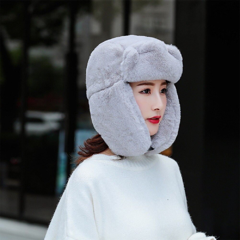 Women Faux Fur Trapper Hat Russian Ushanka Cossack Ski Earflaps Aviator Cap Winter Warm Velvet Bomber Hat: Gray