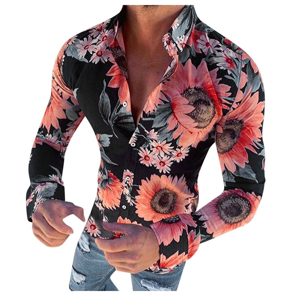 chemise à fleurs pour hommes à manches longues chemise décontracté Rose fleur 3d imprimé col rabattu chemise ajustée pour hommes vêtements: Black / M