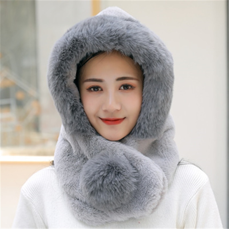 Female Winter Knitted Hats Add Fur Lined Warm Winter Hats For Women Keep Neck Ear Warmer Balaclava Pompoms Cap