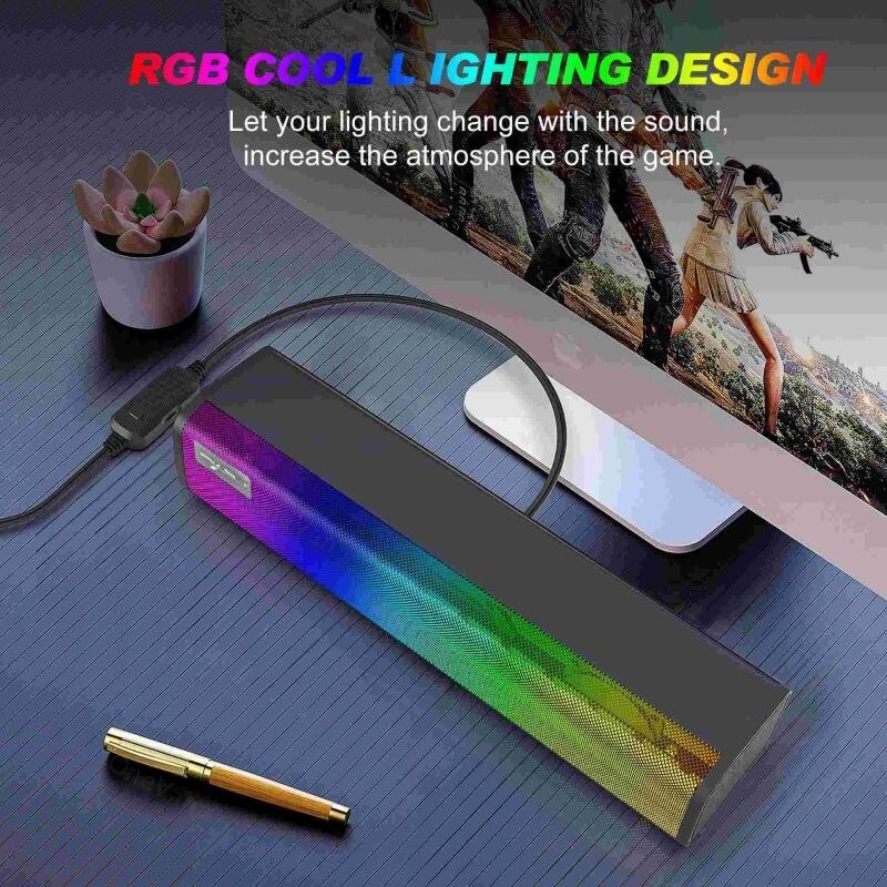 Barre de son lumineuse RGB, haut-parleur pour ordinateur, hi-fi, jeu, boîte de son en ABS, 9 types de lumières réglables
