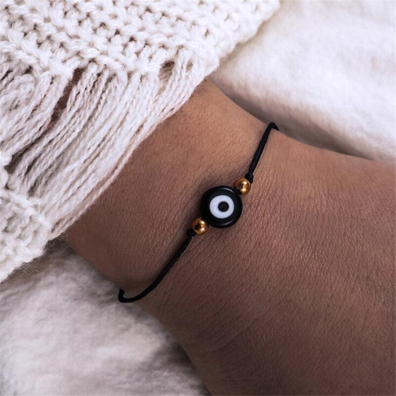 Tobilleras de cadena de cuerda trenzada para mujer, tobilleras de cadena con ojo negro turco , Color rojo y azul, joyería con dijes para pies de playa