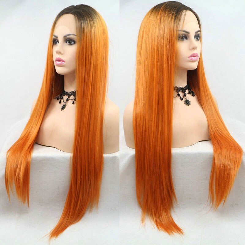 Bombshell-peluca con malla frontal pelo sintético ombré naranja, liso, resistente al calor, fibra, para fiestas