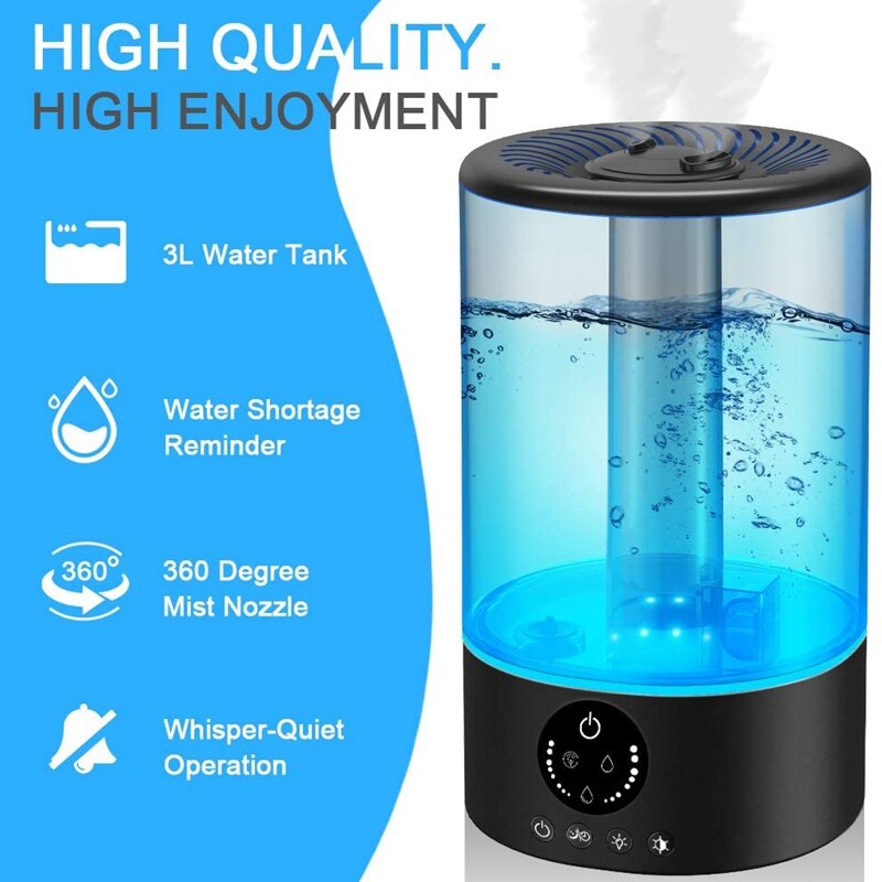 Humidifier, 3.2L Top Fill Ultrasonic Humidifiers for Bedroom with Night Light and Remote Control Quiet