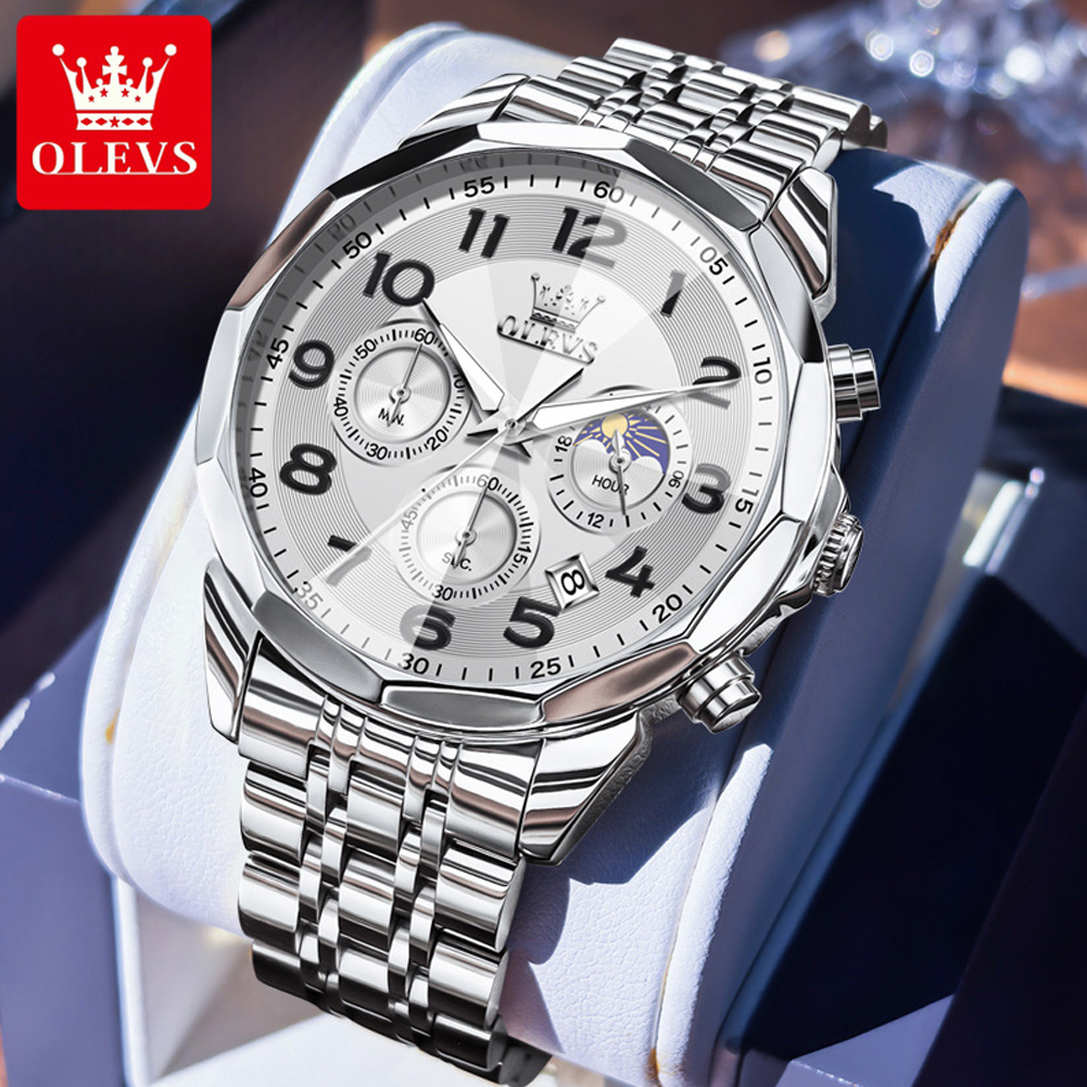 OLEVS 3676 Herenhorloge Quartz Horloge Multifunctionele Chronograaf Waterdicht Lichtgevende Maanfase Horloge Heren Originele Reloj: Multicolor
