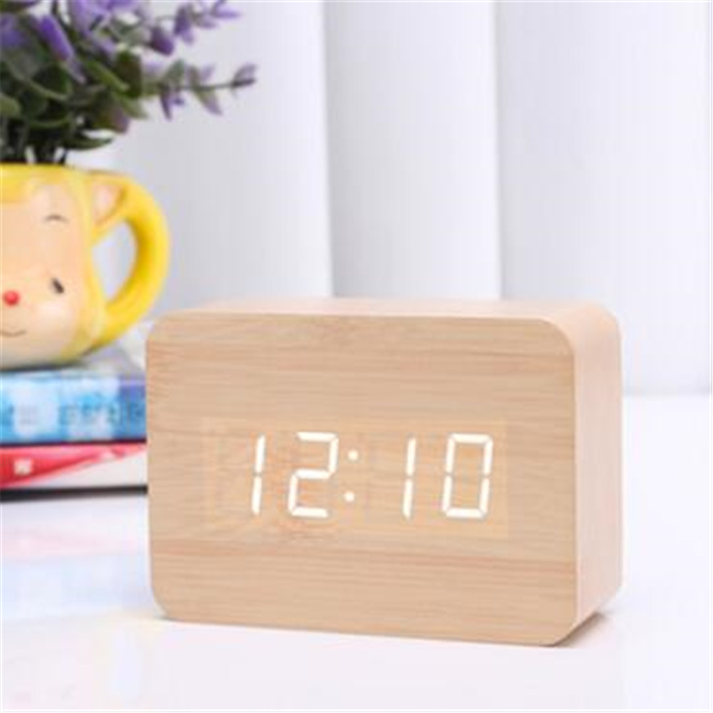 Moderne digitalt led vækkeur lydkontrol træ despertador desktop ur fugtighed temperatur display: 5