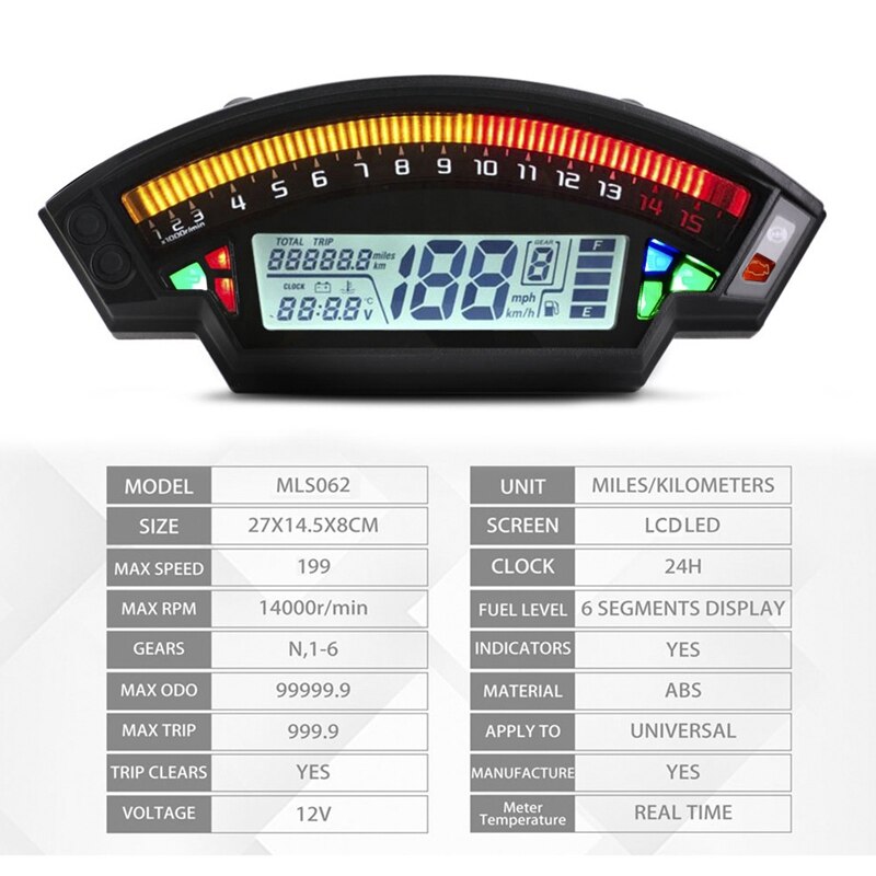 Universal Motorcycle LCD Digital Speeeter TFT Motorcycle Oeter with 6 Gear Backlight , for 1, 2,4 Cylinders Meter