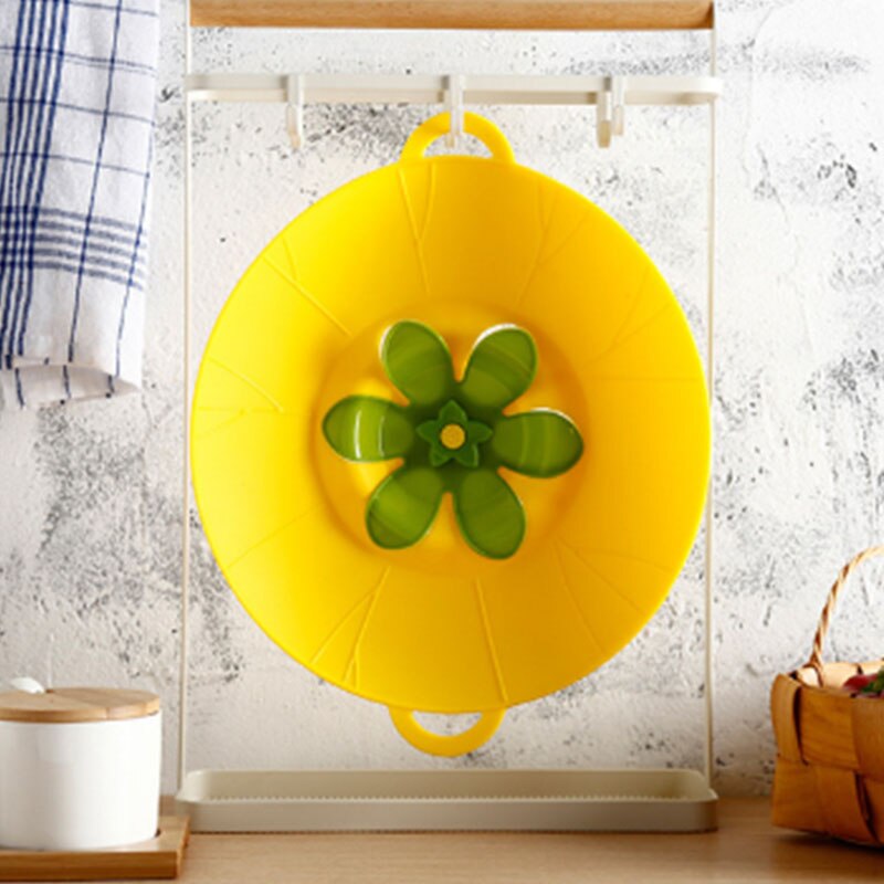 Silicone flower spill-proof pot lid universal use kitchen utensil tool rotation pot cover lids: Yellow