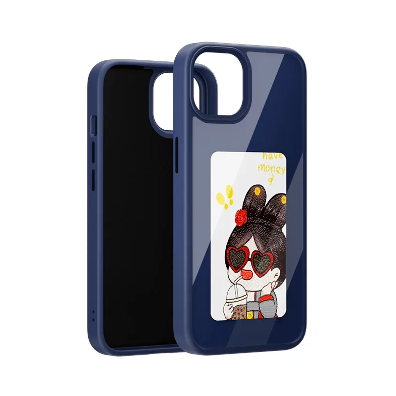 Funda de teléfono con función NFC de nueva tecnología para Iphone 15 14 13 Pro Max, Fundas DIY con pantalla de tinta electrónica, funda de teléfono con dibujos animados para chica, Fundas sin batería: Cuero genuino / Azul