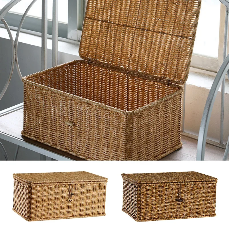 Large Storage Basket Rattan Woven Storage Box with Lid Stackable Sundries Basket Storage Organizer Toy Container Orgainzation