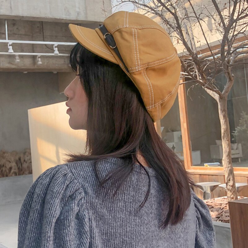 HT3319 Women Berets Spring Autumn Women Hat Retro Leather Belt Octagonal Newsboy Cap Ladies Solid Plain Artist Painter Beret Hat