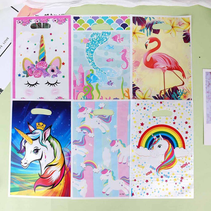 10Pcs Cartoon Rainbow Unicorn Flamingo Plastic Bags Candy Bag For Party Wedding Birthday Package Box Party Supplies