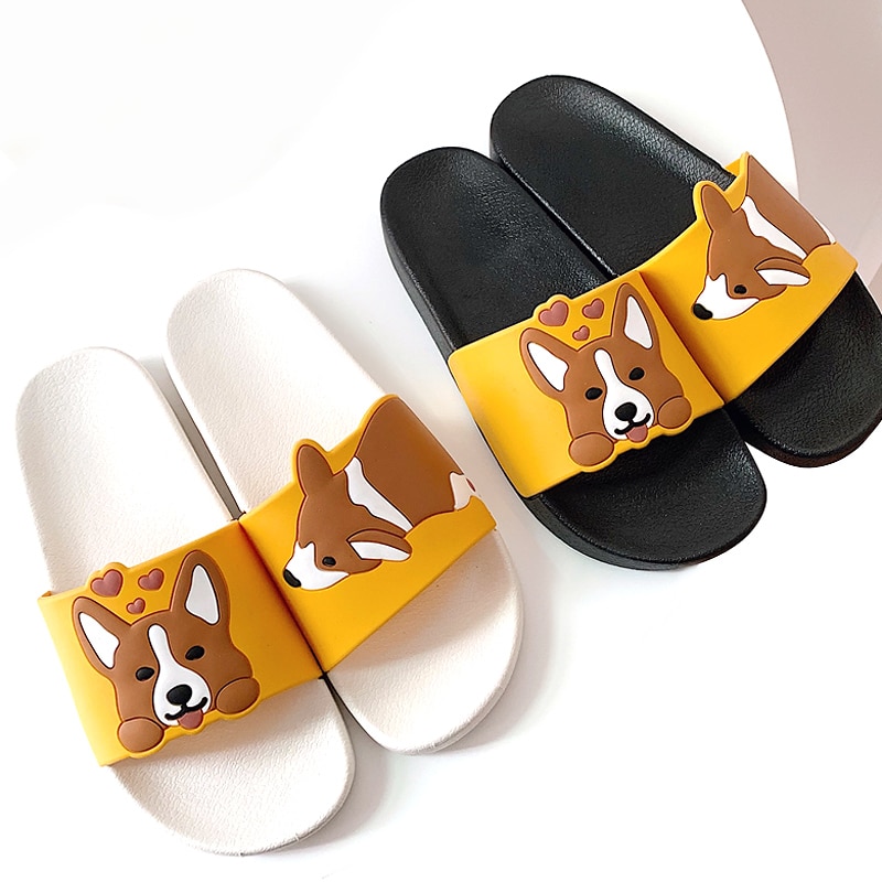 Casual Women Summer Slippers Slide Sandals Beach Slides Flip Flops Cartoon Dog Corgi Non-slip Thick Sole Women Girls Flat Shoes