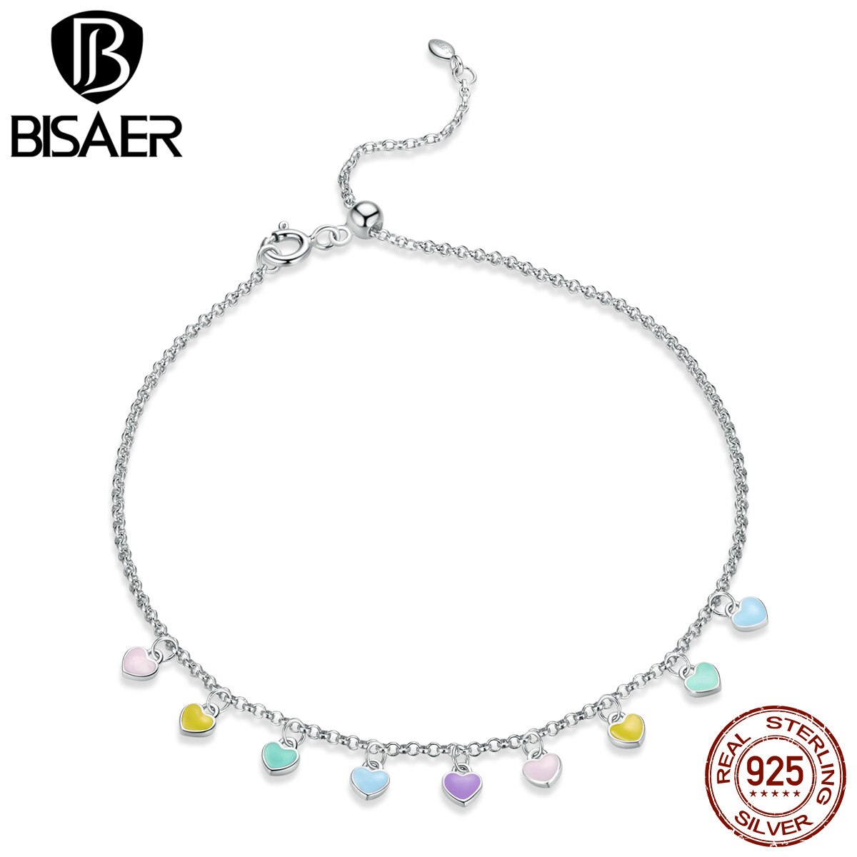 BISAER Neue Fußkettchen Regenbogen Herz 925 Sterling Silber Bunte Kette Fußkettchen Für Frauen Füße Bein Kette Link Schmuck