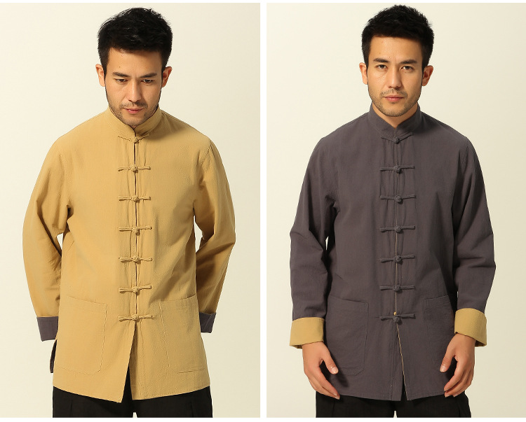 Hommes chinois traditionnel Tang costume veste réversible Wu Shu vêtements manches longues Kung Fu Wing Chun chemise 2 faces: yellow grey / XXXL