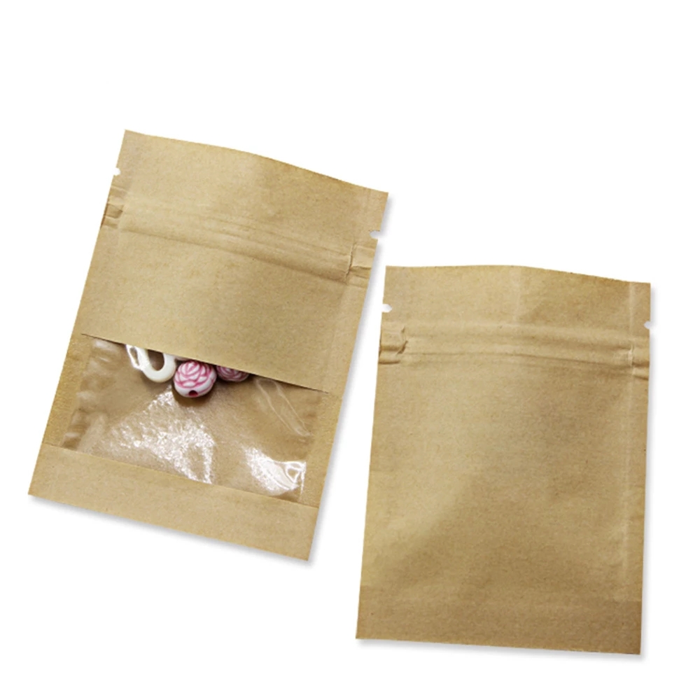 100 Stuks Bruin Wit Kraftpapier Zip Lock Bag Met Doorzichtig Venster Zelfzegel Scheur Inkeping Stofdichte Verpakking Zakjes Voor Voedsel Snack